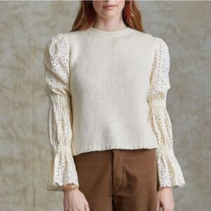 Chan Luu Cream Cotton Knit Sweater Eyelet Bell Sleeves Boho Small